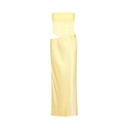 Sexy Tube Top Hollow Out Cutout Backless Yellow Dress French High Grade Satin Dress Sexy Summer Beautiful Dress