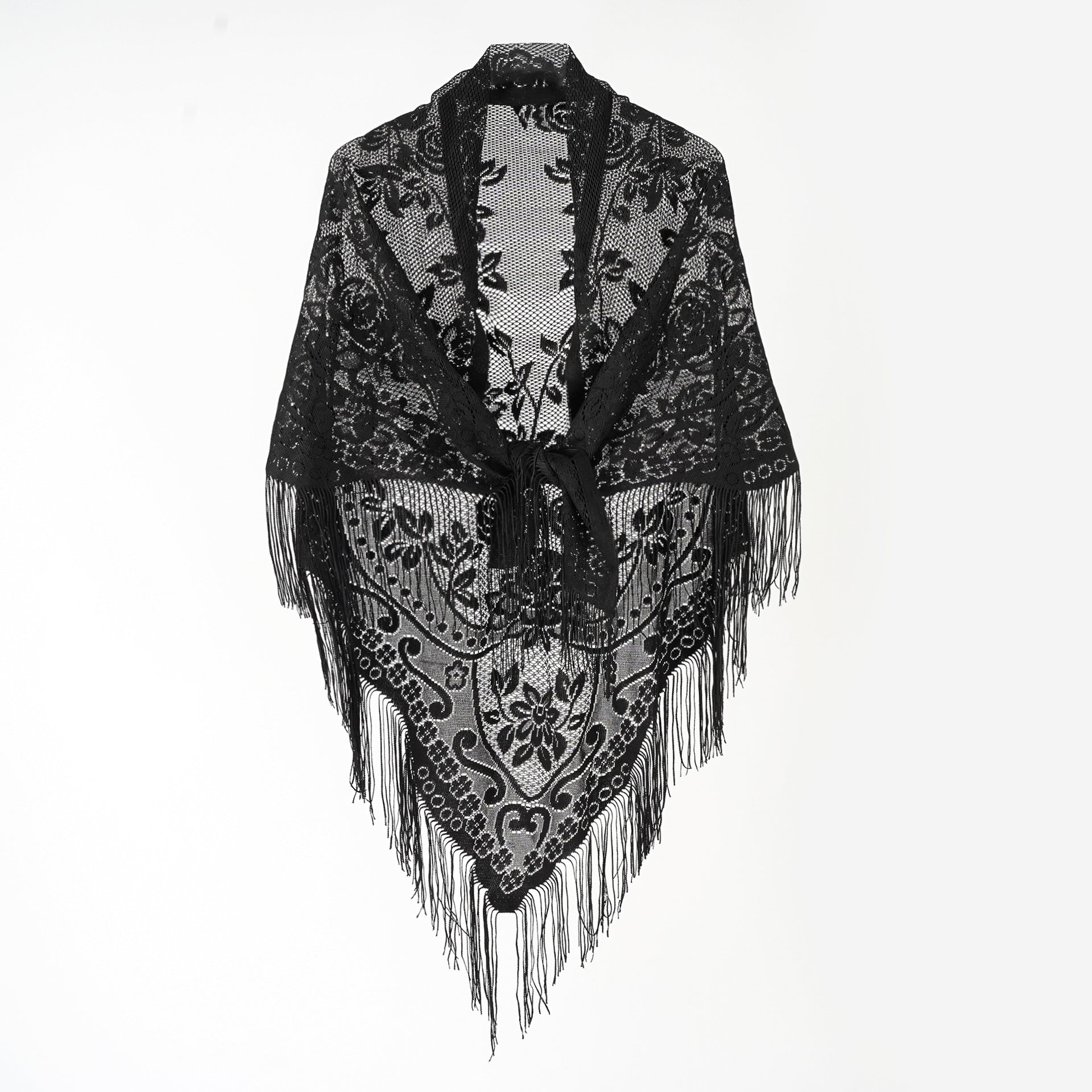 Nylon Hollow Out Cutout Breathable Tassel Triangle Shawl Women Scarf SallyCover