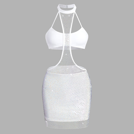 Camisola de cuello alto, sexy, estilo siamés, con falda corta y red de seda color leche para mujer