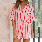 Spring Summer Striped Printed Short Sleeve Shirt Shorts Suit Beach Casual Two Piece Suit Women Clothing BESSY