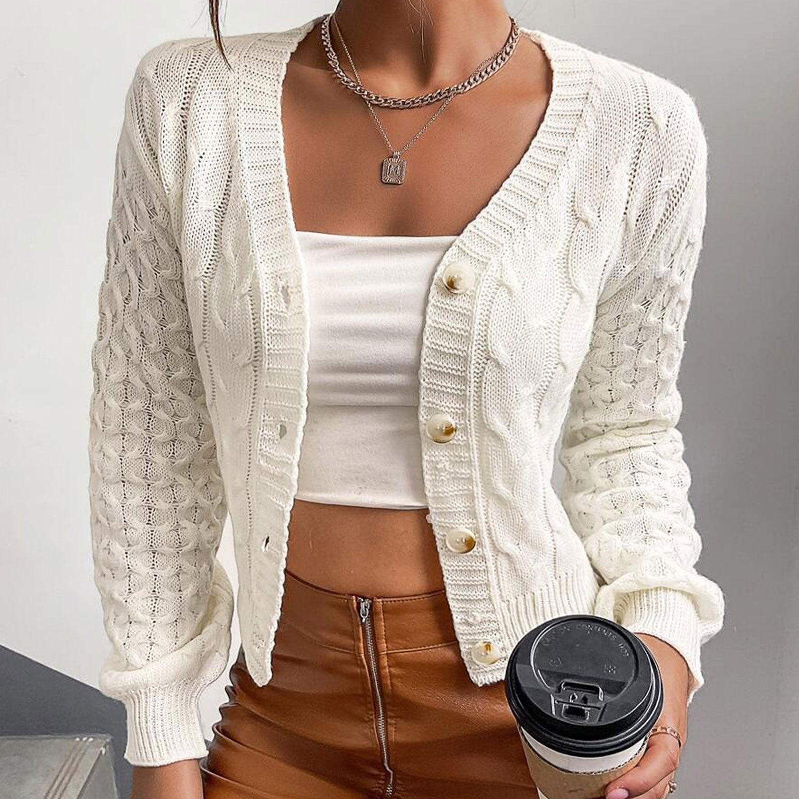 White V neck Twist Knitted Cardigan Women Long Sleeve Slim Fit Slimming Sweater Coat Owen