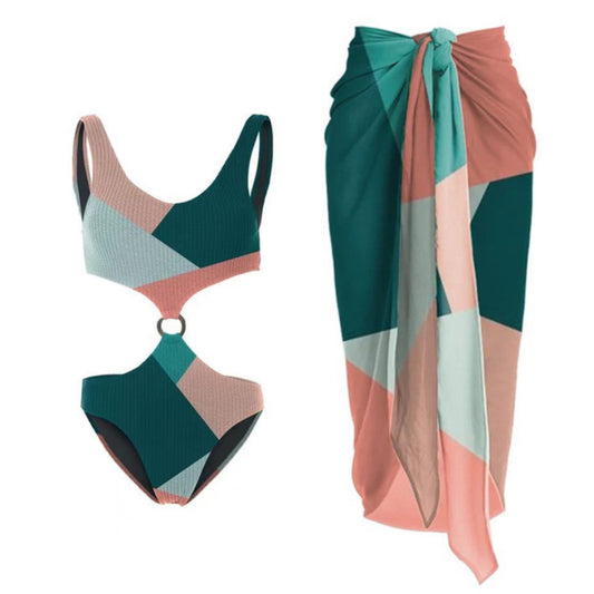 Conjunto de bikini de una pieza con estampado de contraste de color, falda de gasa de malla Wishi, traje de baño para vacaciones