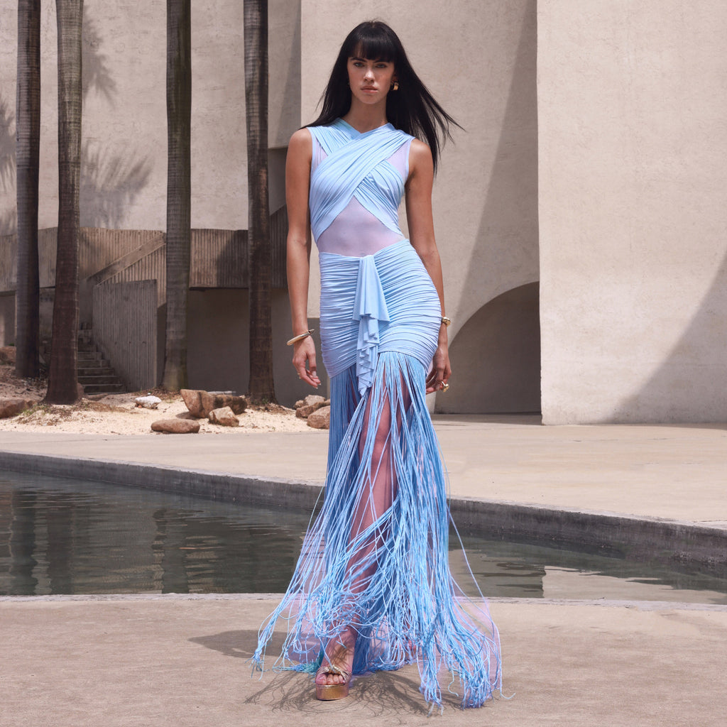 Women Clothing Sexy Solid Color Sling See through Mesh Pleats Cross Dress Vacation Sight