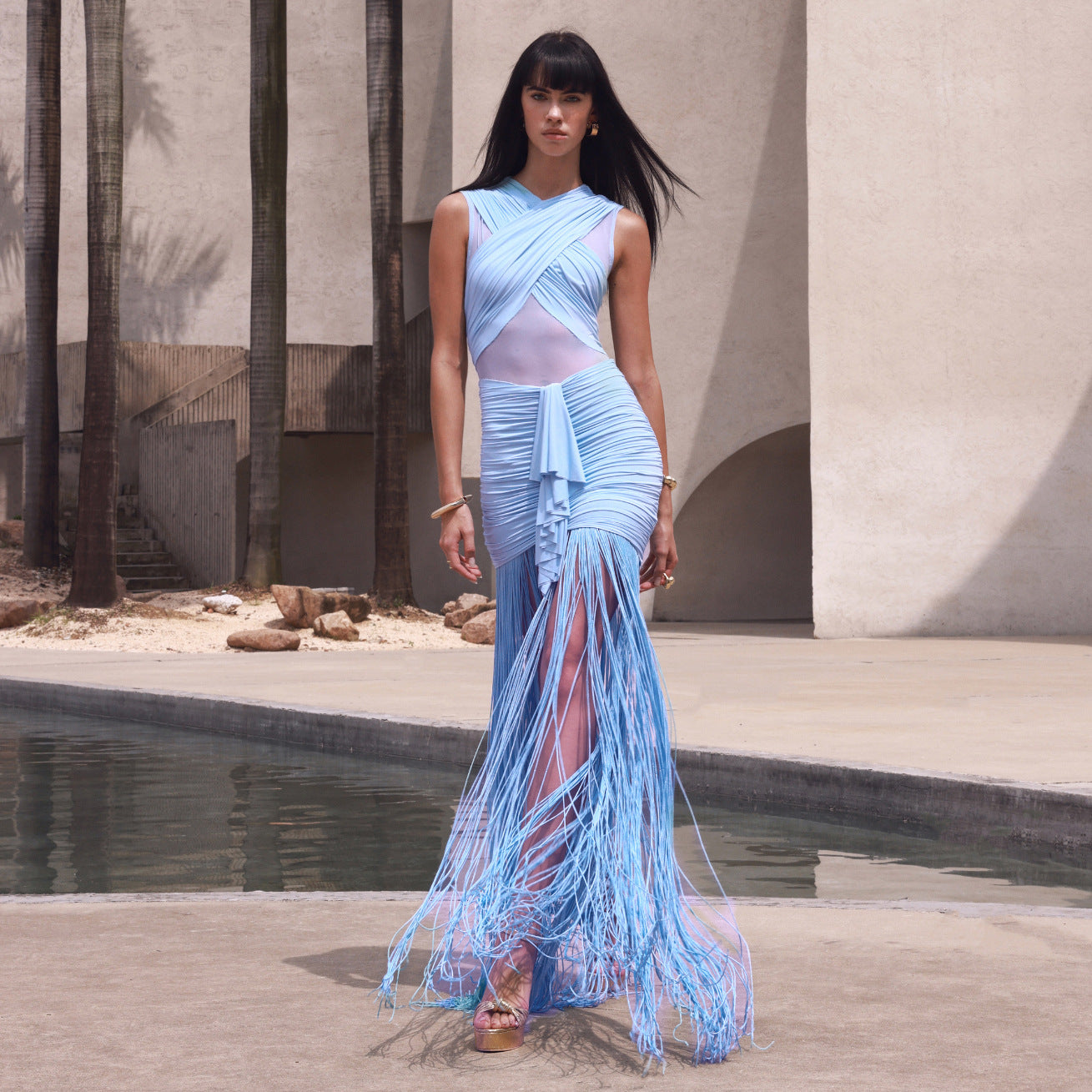 Women Clothing Sexy Solid Color Sling See through Mesh Pleats Cross Dress Vacation Sight