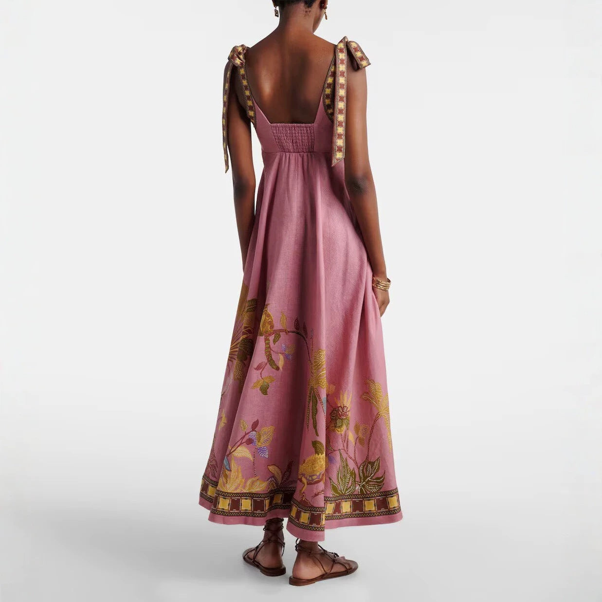 Positioning Floral Print Linen Sling Pocket Maxi Dress Bohemian Holiday Swing Dress Gemi