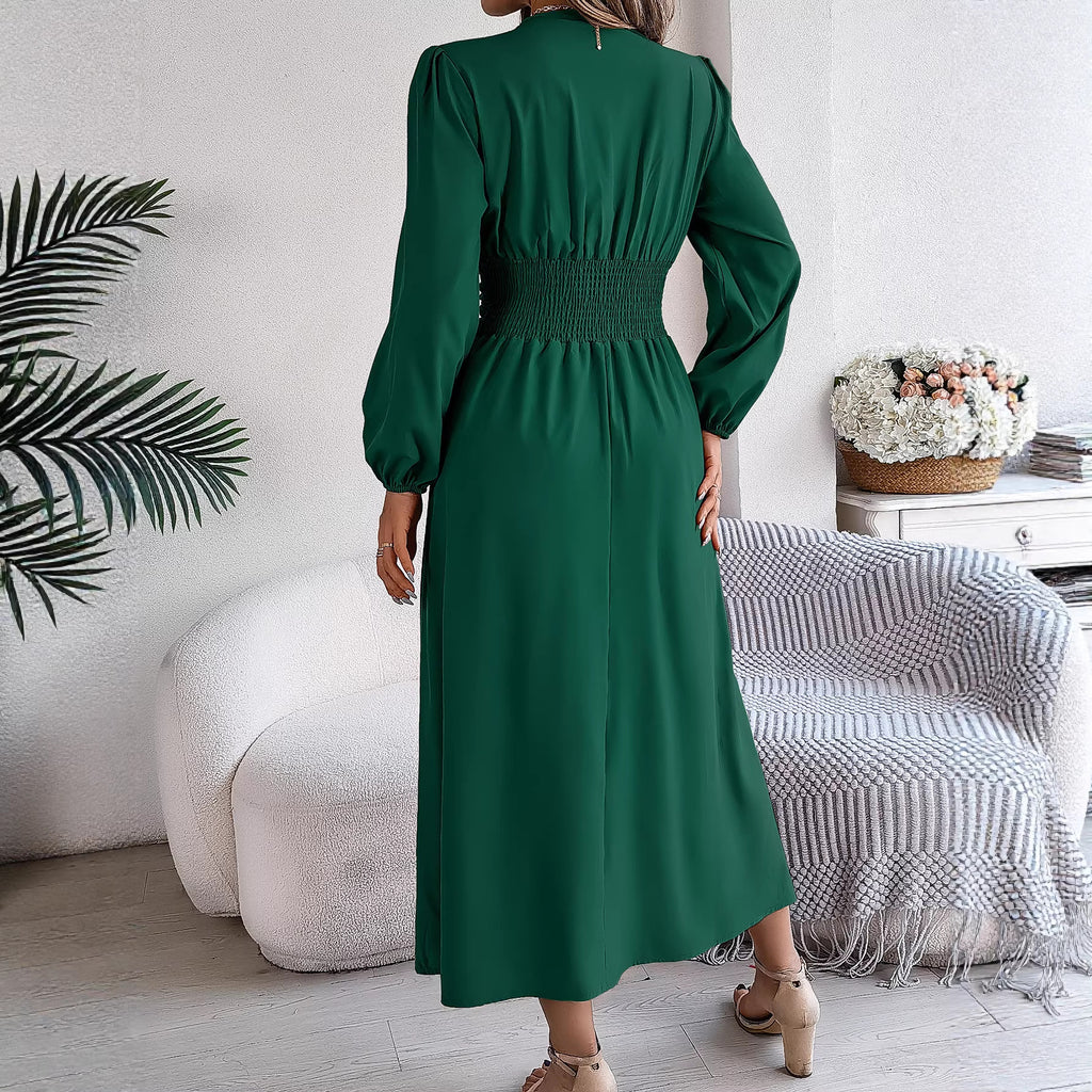 Women Clothing Spring Summer Solid Color V neck Long Sleeve Sexy Slit Dress BAGIISA