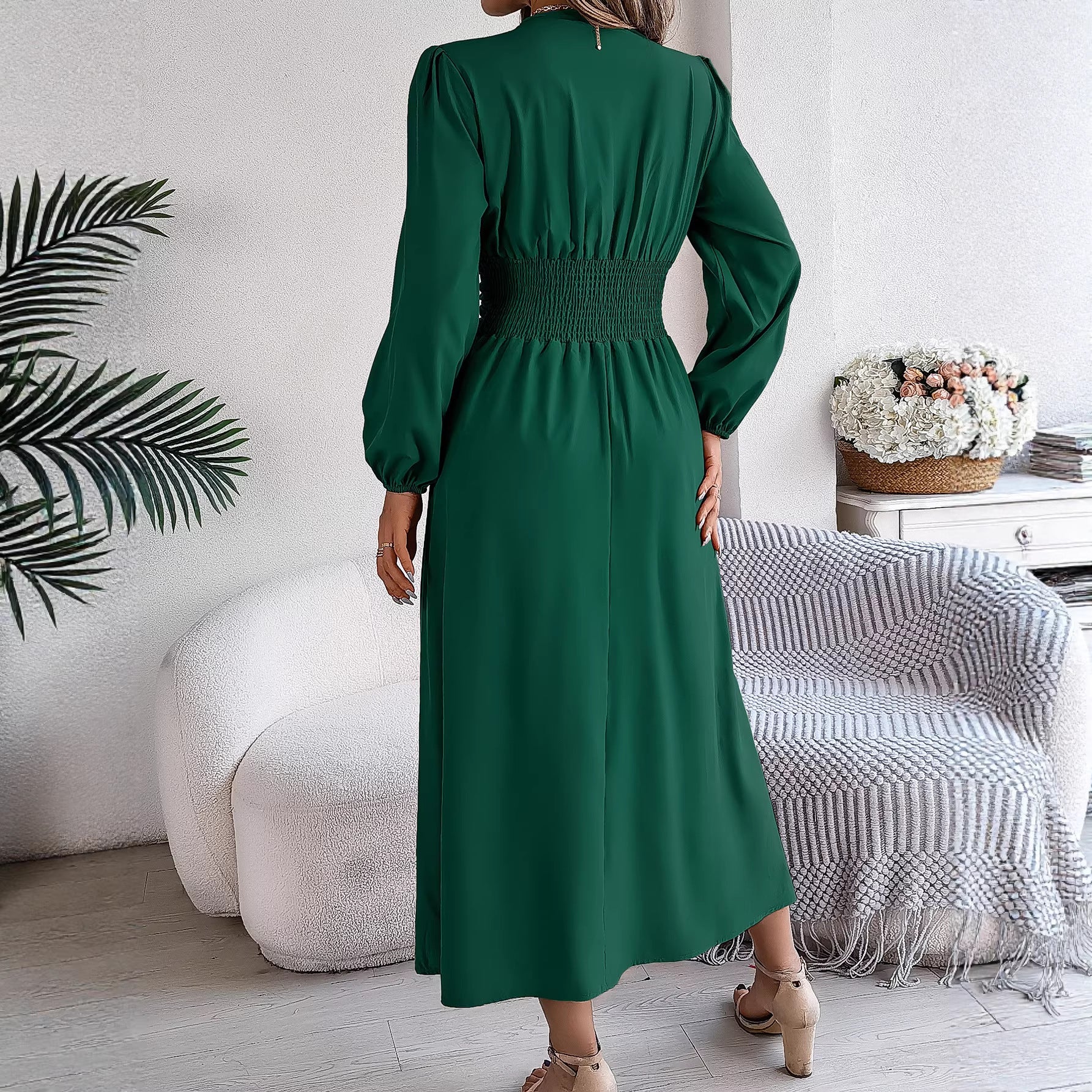 Women Clothing Spring Summer Solid Color V neck Long Sleeve Sexy Slit Dress BAGIISA