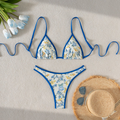 Bikini pequeño con estampado floral y triángulos, traje de baño sexy dividido para mujer