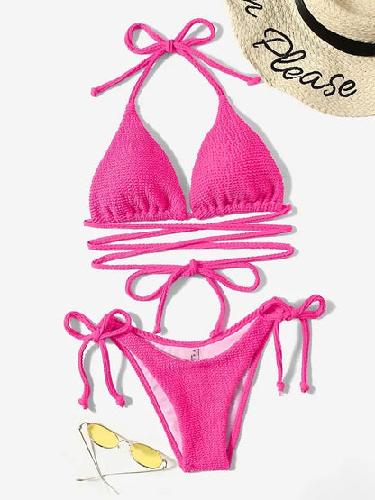 Lace Up Bikini Solid Color Triangle Bag Women Swimsuit Sexy Backless Swimsuit