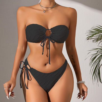 Traje de baño de bikini de tela especial, color sólido, sexy, con parte superior de tubo, dividido, de alta elasticidad.