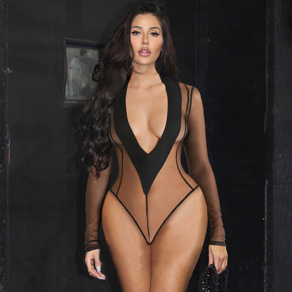 Women Clothing V neck Sexy Sheer Mesh Long Sleeve Jumpsuit