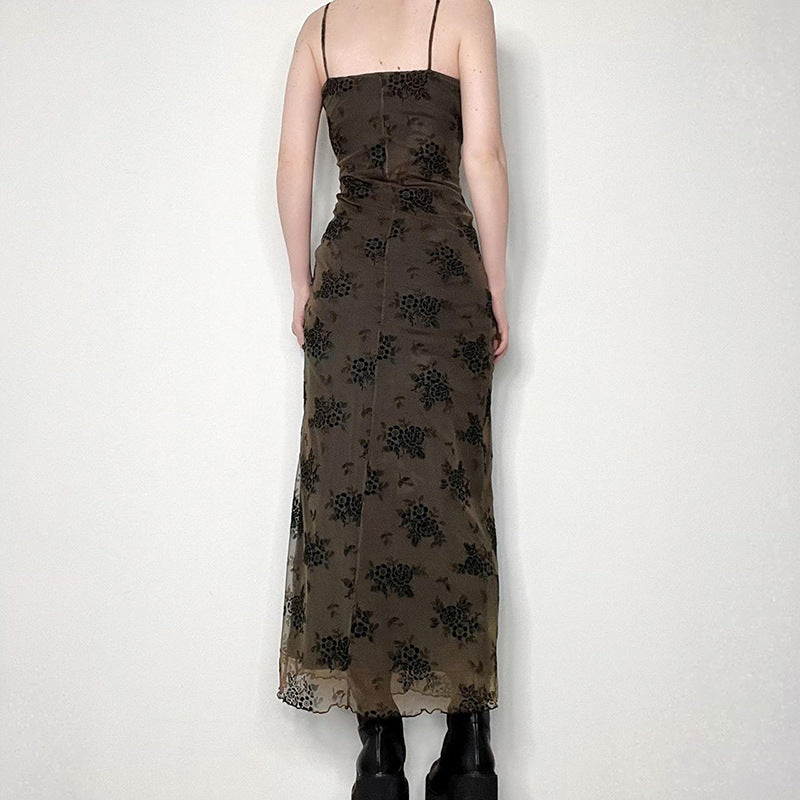 French Retro Elegant Adult Lady Woman Floral Print Maxi Dress Mesh Wooden Ear Off Neck Slim Strap Long One Step Dress Norwich