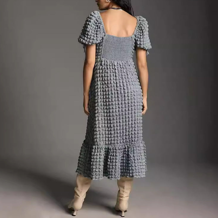 Bubble Sleeve Women Elegant Dress Long Short Sleeve French Tied Vacation Dress Eedele