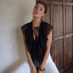 Women Clothing Summer Sexy Deep V Plunge neck Flounce Stitching Strap Sleeveless T shirt Top Flash Vision