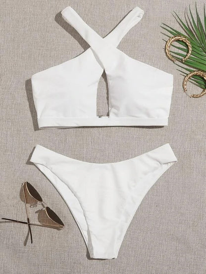 Traje de baño dividido sexy para mujer, bikini de color sólido, bikini de dos piezas, traje de baño halter cruzado para mujer