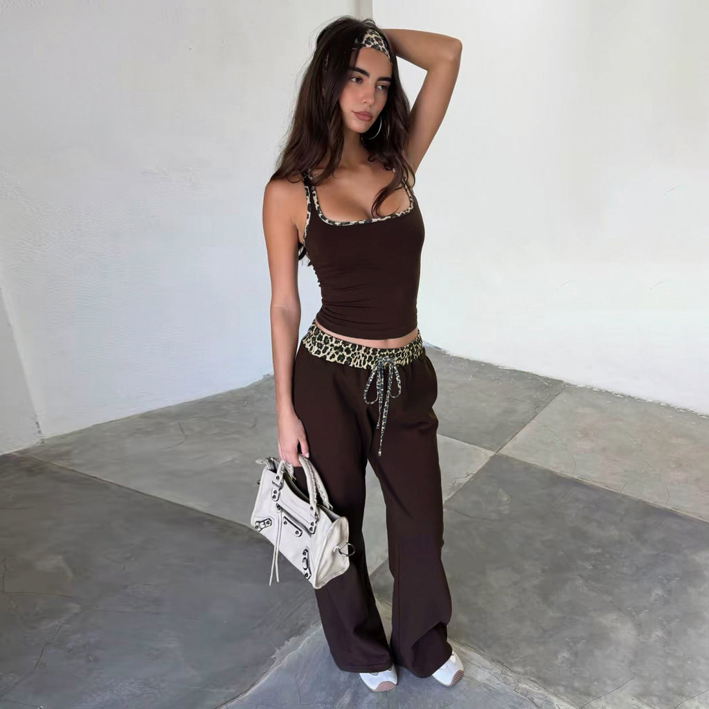 Leopard Print Contrast Color Waist Drawstring Wide Leg Pants Slim Fit Two Piece Sling Casual Street Homewear Set LingSharp