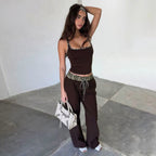 Leopard Print Contrast Color Waist Drawstring Wide Leg Pants Slim Fit Two Piece Sling Casual Street Homewear Set LingSharp