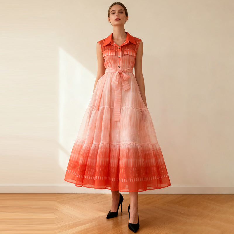 Elegant Retro Dress Polo Collar Sleeveless with Inner Lace up Waist Gradient Dress Ory