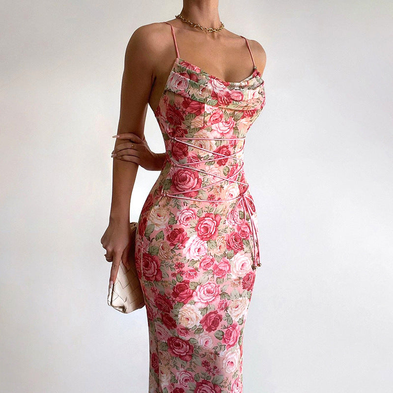 Spring Waist Controlled Long Spaghetti Strap Floral Print Slim Fit Lace up Dress