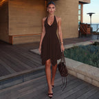 Women Autumn Winter Clothing Solid Color V neck Backless Halter Irregular Asymmetric Sexy Dress LEKINS