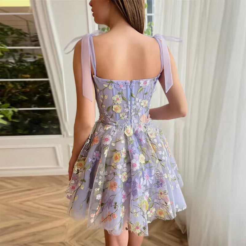 Women Three Dimensional Floral Embroidered Sheath Sexy Cami Dress Organza SCC