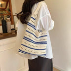Bolso de hombro a rayas de hilo de algodón tejido, de gran capacidad, con aberturas, de paja, para playa y vacaciones. 