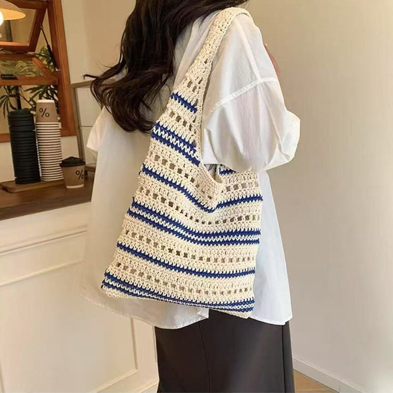 Bolso de hombro a rayas de hilo de algodón tejido, de gran capacidad, con aberturas, de paja, para playa y vacaciones. 