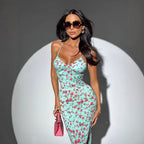 Spring Summer Waist Slimming Elegant Floral Strap Dress Deep V Plunge Vacation LaceCH