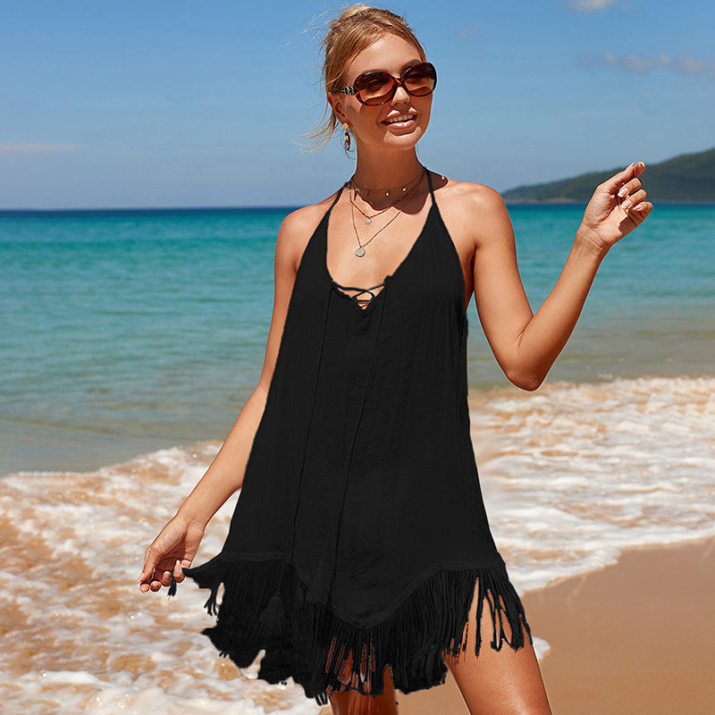 Sling Beach Overskirt Seaside Vacation Pullover Solid Color Beach Sun Protection Clothing Backless Tassel Bikini Smock Dress