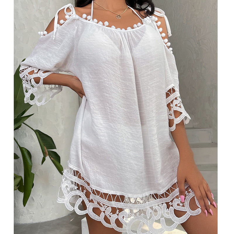 Blusa de traje de baño con encaje recortado y tirantes al hombro, sexy, de color liso, holgada, informal, para vacaciones en la playa y protección solar