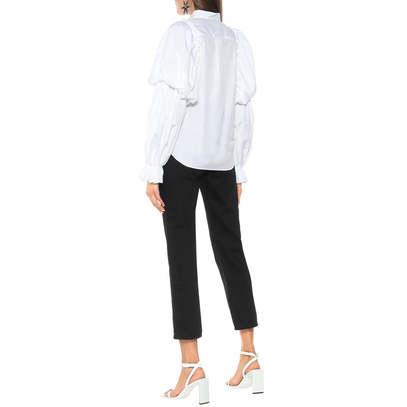 Camisa de mujer de manga larga con mangas farol Camisa de mujer blanca con cuello alto