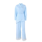 Spring Summer Polo Collar Striped Stitching Lace Three Piece Set Suitable for Daily Wear Home Wear Meiyas