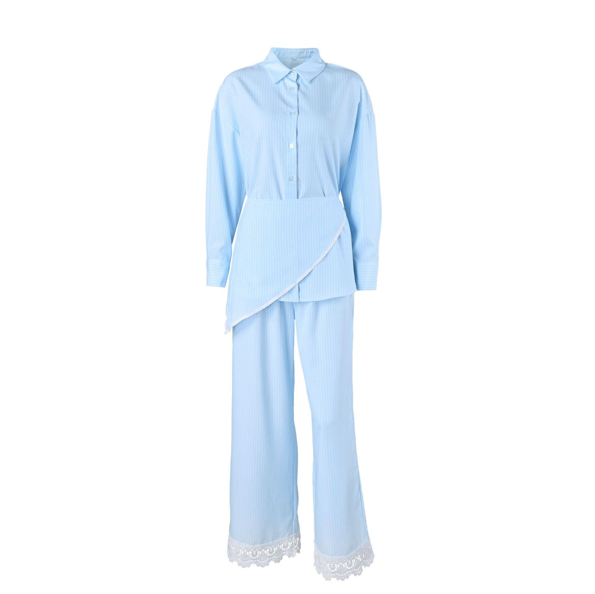 Spring Summer Polo Collar Striped Stitching Lace Three Piece Set Suitable for Daily Wear Home Wear Meiyas