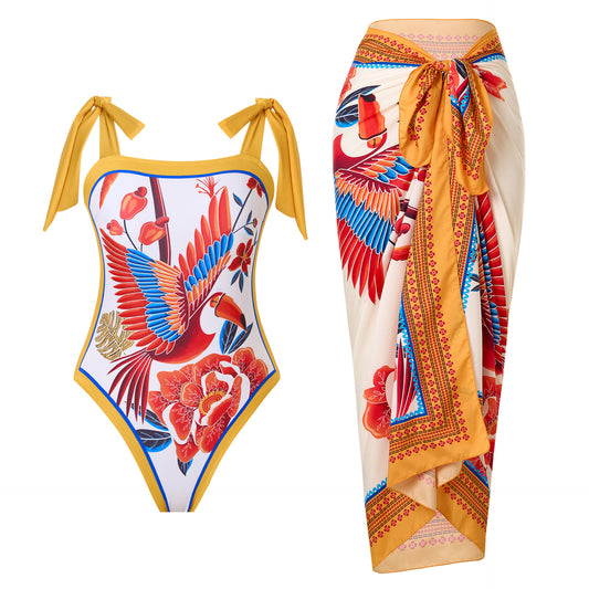Products Retro Printed Swimsuit Women Conservative One Piece Chiffon Two Piece Sets Blouse Swimsuit Outfit