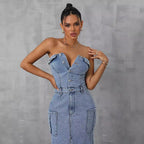 Women Clothing Casual Tube Top Tooling Large Pocket Denim Dress FentyWild