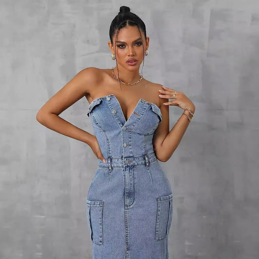 Women Clothing Casual Tube Top Tooling Large Pocket Denim Dress FentyWild