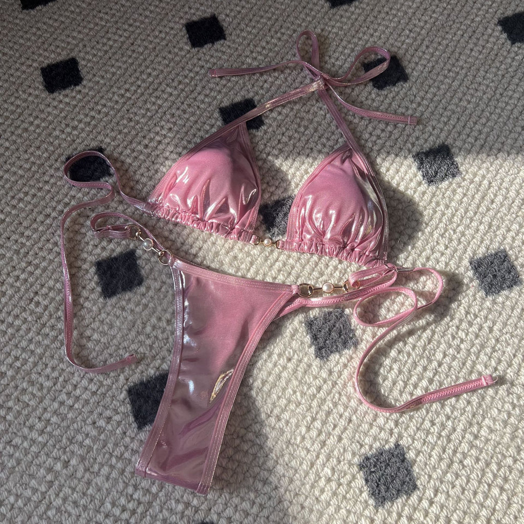 Sexy Glossy Pearl T Shaped Bikini Swimwear Swimsuit Bikini