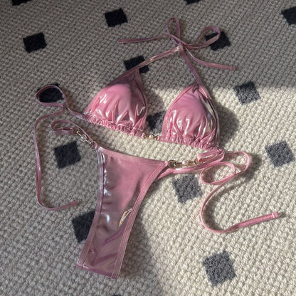 Traje de baño de bikini sexy con forma de T y perlas brillantes