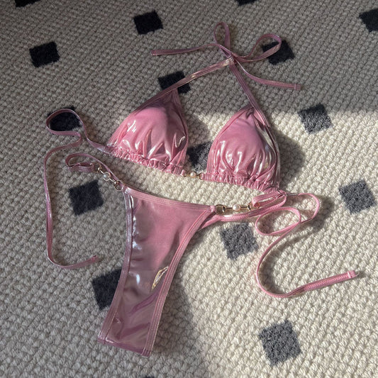 Traje de baño de bikini sexy con forma de T y perlas brillantes