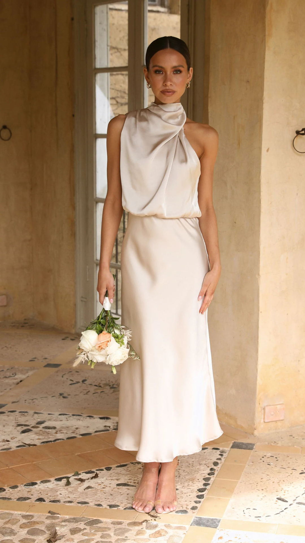 Summer Mature Elegant Women Clothing Sleeveless Halter Solid Color Satin Dress Gemi
