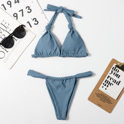 Bikini de nailon de doble cara para mujer, traje de baño sexy de color liso con cuello halter y cordones, bikini triangular