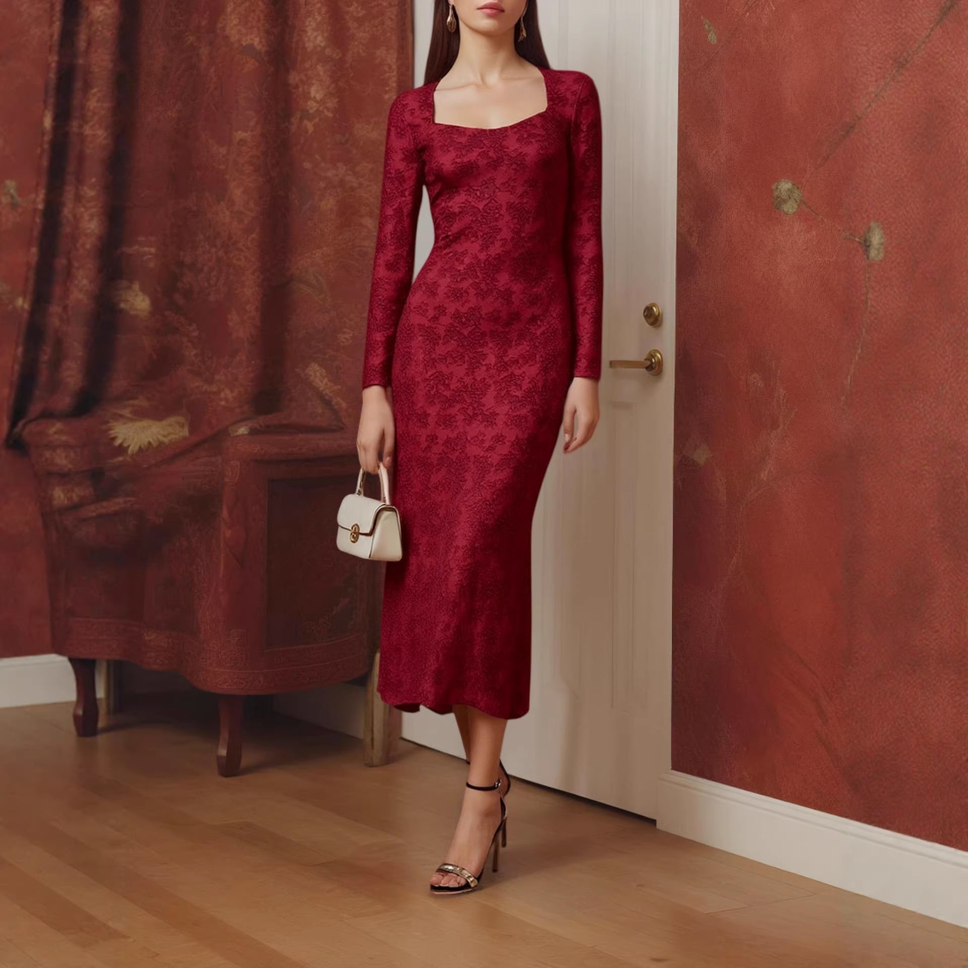 Spring Dress Elegant Slim Fit Square Collar Lace Long Sleeve Dress George