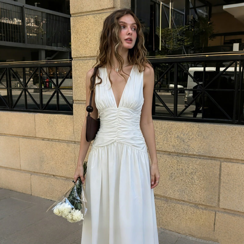 French Sexy V Neck Waist Cinching Pleated A Line Long Elegant Women Dress LAGERFELD