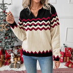 Pull-over rétro automne-hiver en maille jacquard, col polo contrasté, pour femme.