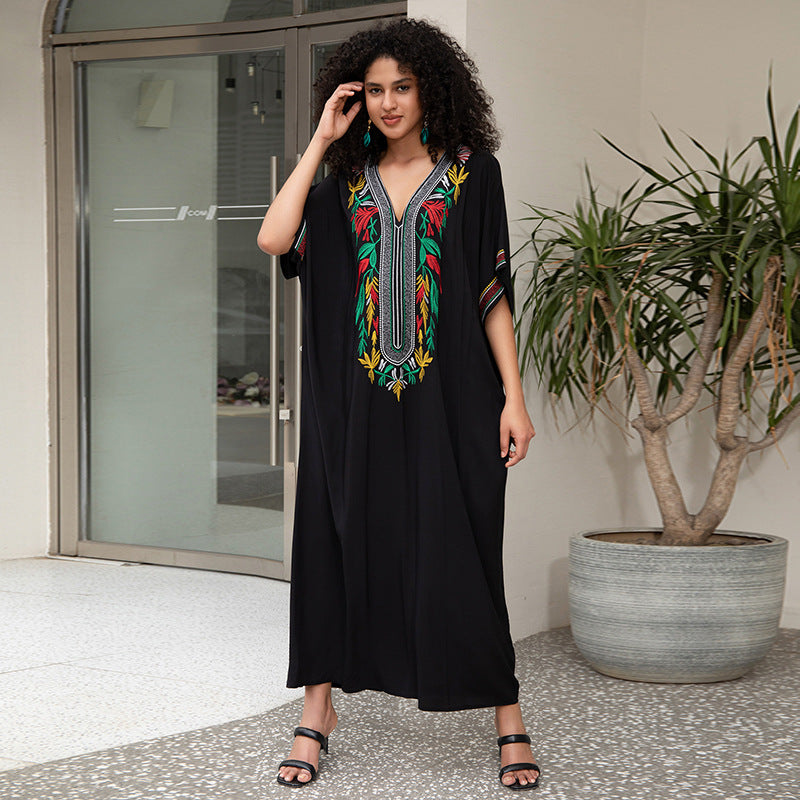 Algodón bordado Blusa playera de vacaciones Vestido maxi bata suelta Blusa protectora solar para bikini