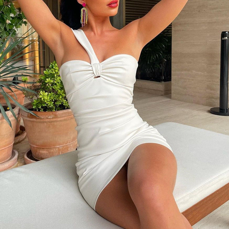 Women Clothing Summer Women Clothing Sexy Oblique Shoulder Tube Top Cinched Waist Hip Bag Dress Women SaturdayNight