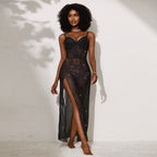 Sequined Sexy Sheer Mesh Dress Memory Steel Ring V neck High Slit Strap Dress FairWind