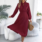 Women Clothing Spring Summer Elegant Lace up Lantern Sleeve Long Pleated Dress BAGIISA