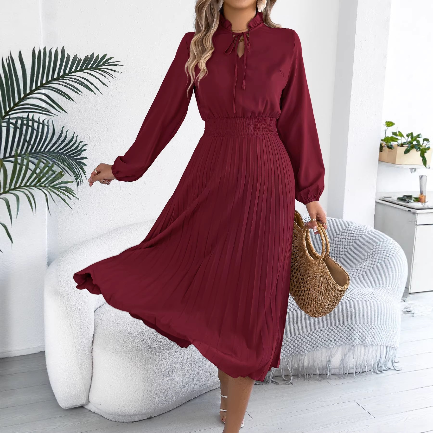 Women Clothing Spring Summer Elegant Lace up Lantern Sleeve Long Pleated Dress BAGIISA