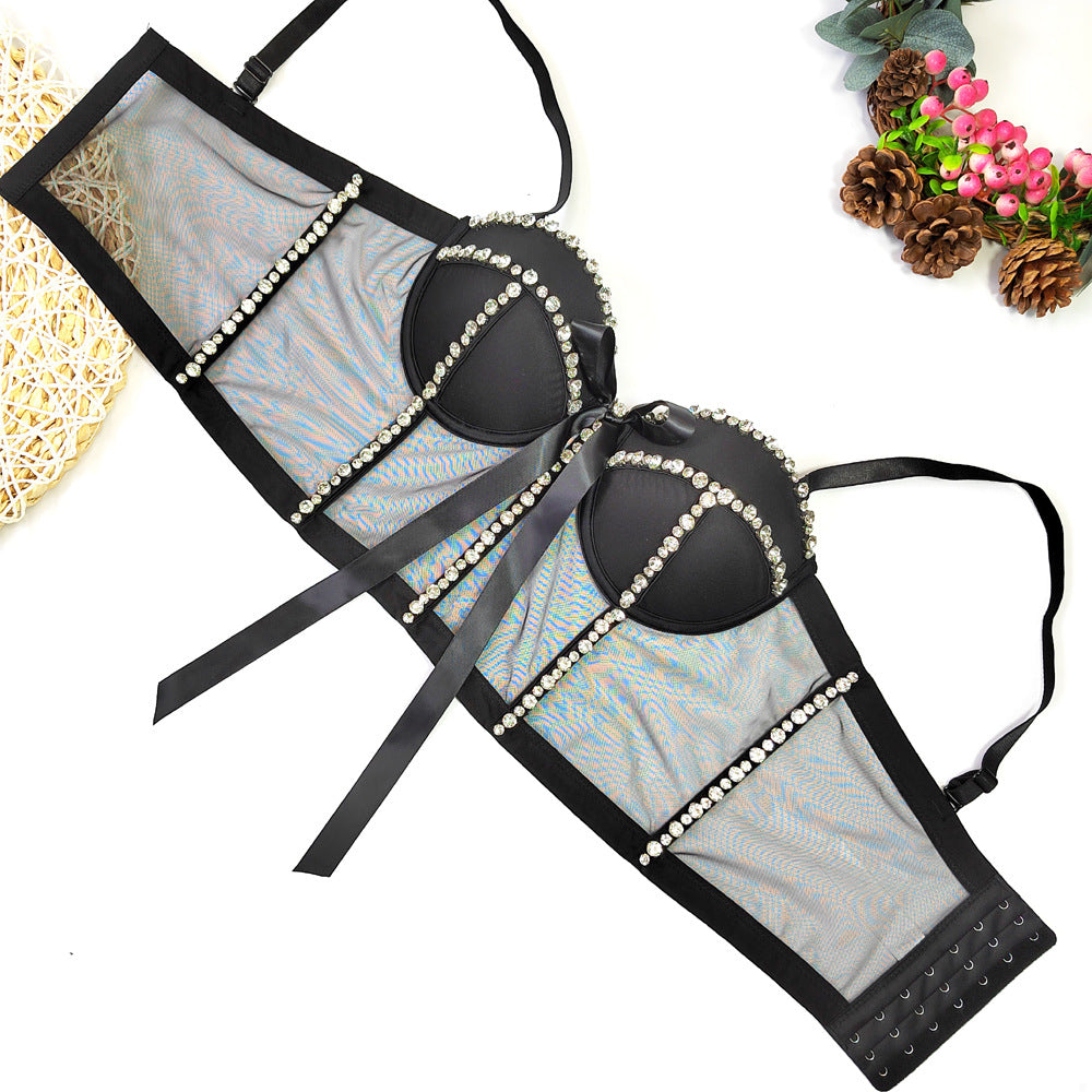 Sexy See Through Lace Chiffon Top Beaded Light Diamond Sleeveless Tube Top Hipster Slim Fit Bow Sling Kanuner